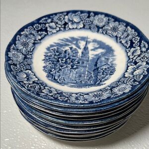 Vtg Liberty Blue Independence Hall Saucers/Dessert English Transferware Set 12